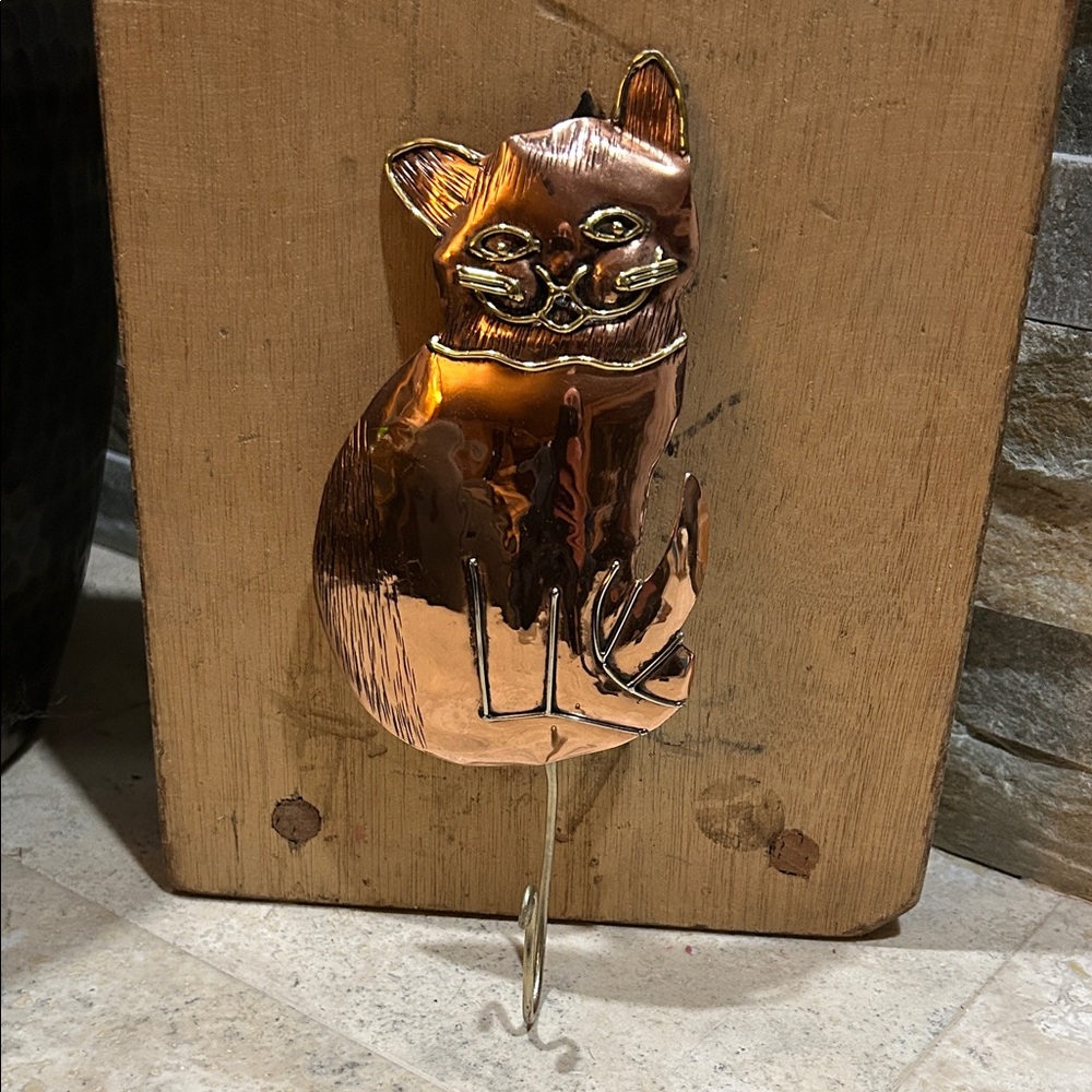 SOLD- vintage brass and copper cat wall hook